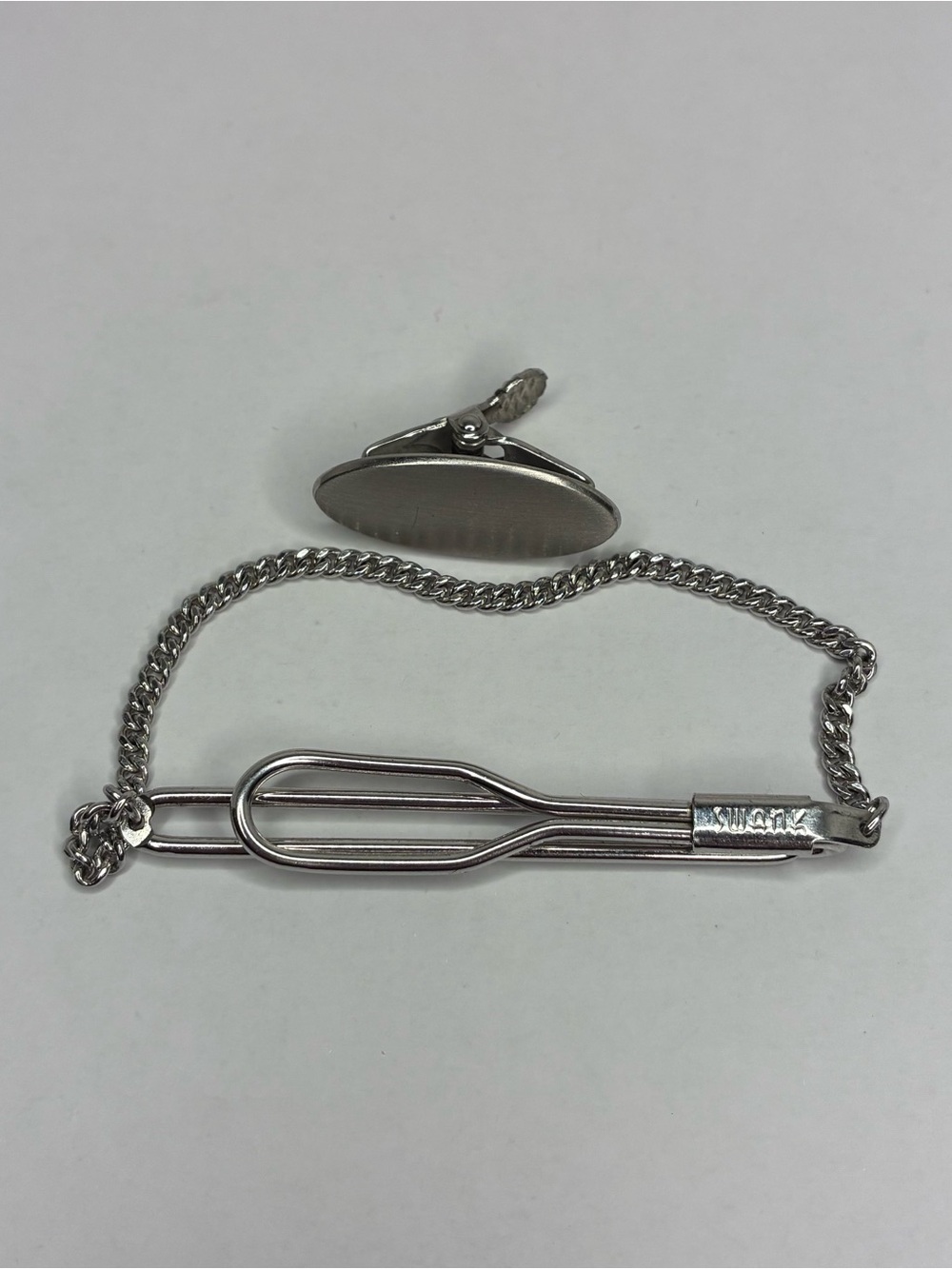 Vintage Silver Toned Swank Minimalist Tie Clips Bundle Oval Clip And Chain Clasp